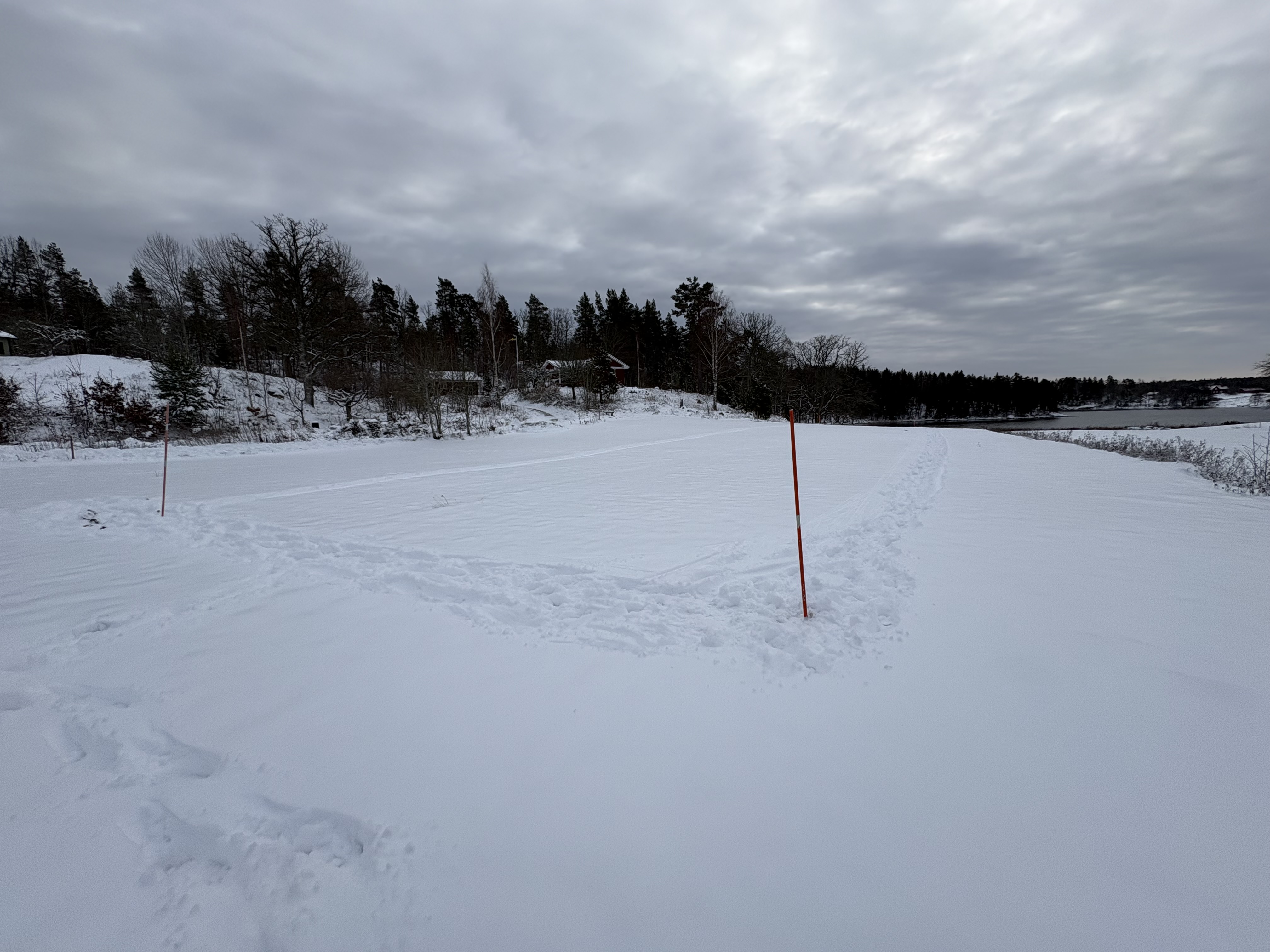 Fyra stolpar i snön vid Mörtviks Vingård